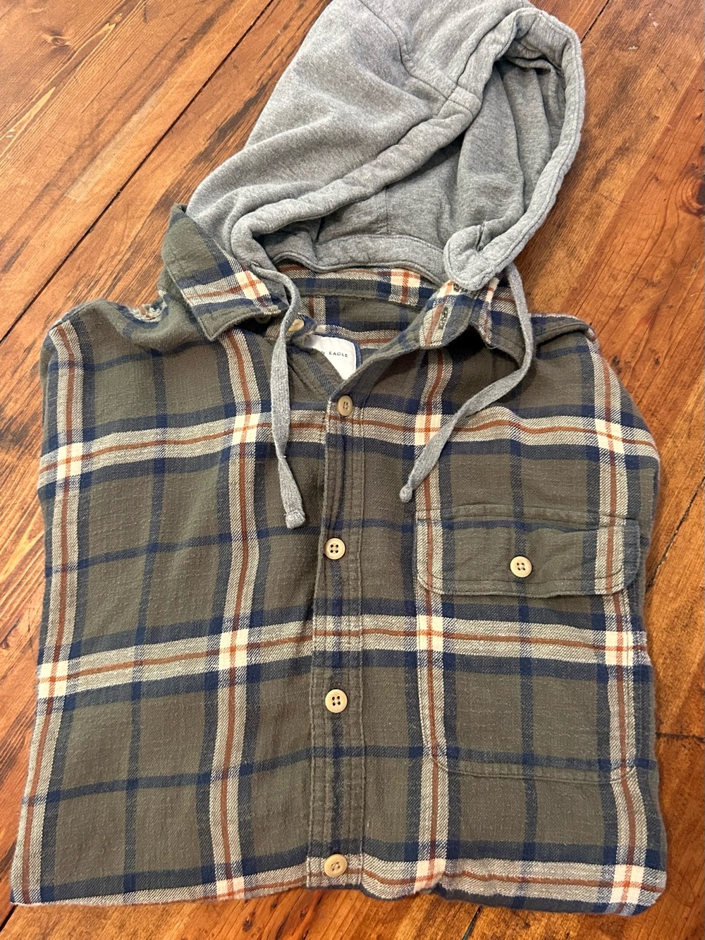 American Eagle Outfitters Olive Plaid Button-Down Shirt with Gray Hood